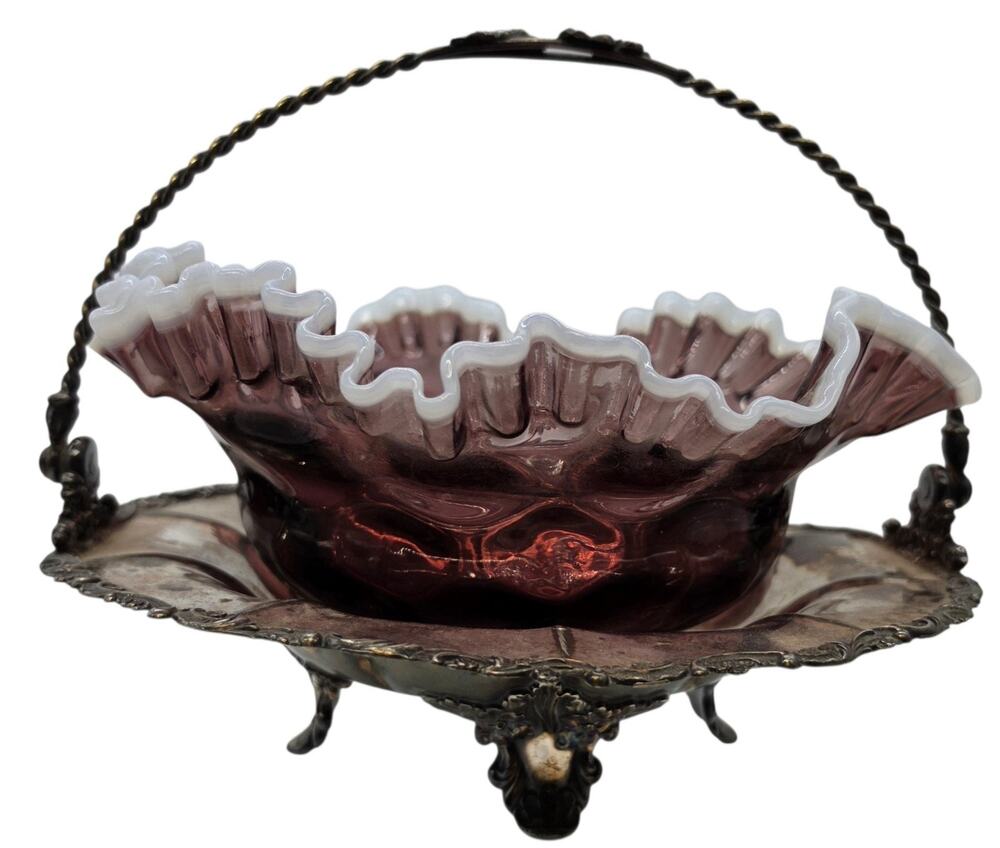 Antique Silver-Plated Brides Basket W/ Ruffled Cranberry And White Glass Bowl